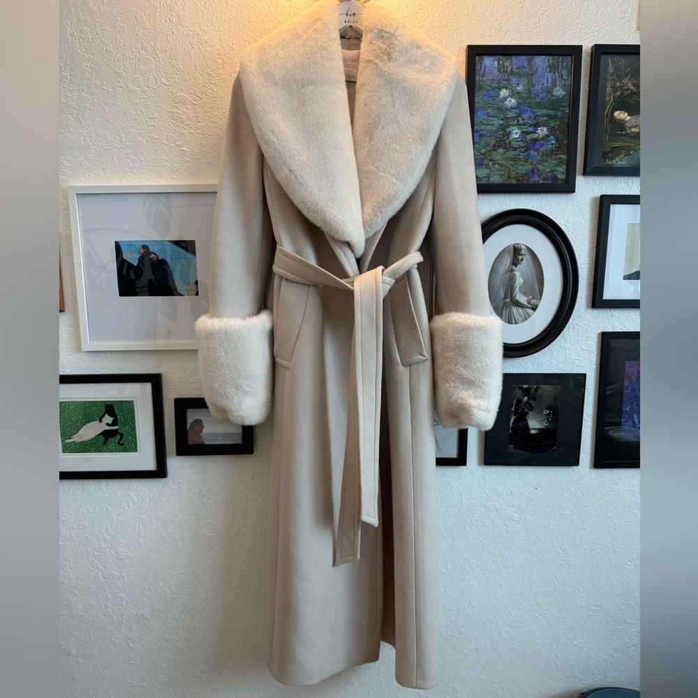 Mango Cream Long Coat with Faux Fur Trim
